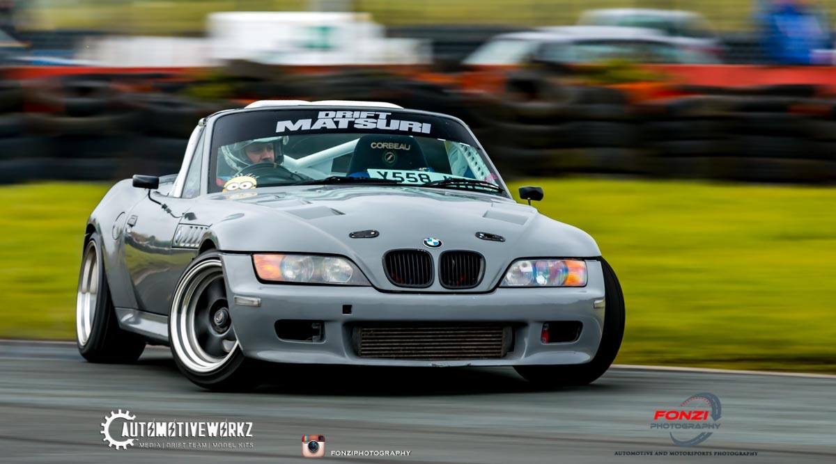 The z3 turbo drift car showing off its new nardo grey paint job on track